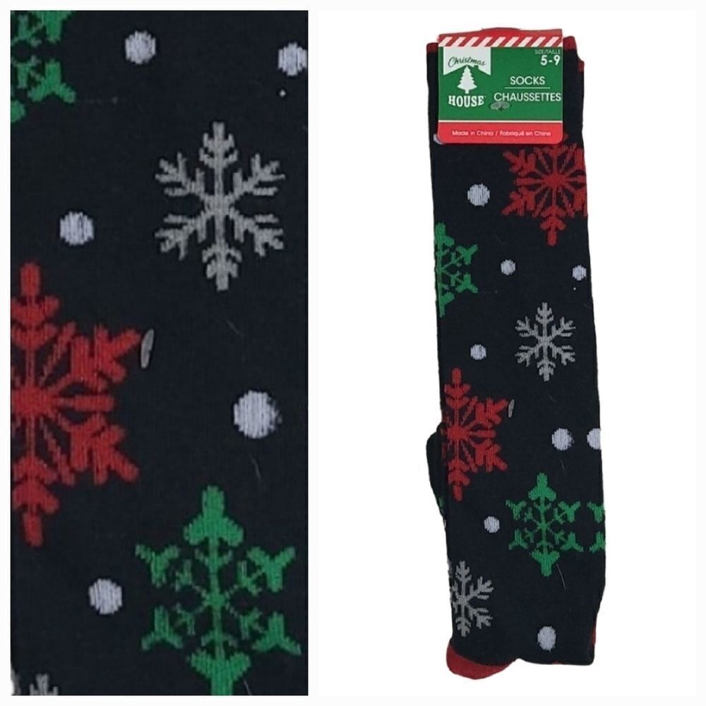 Women's Boot Socks Knee-Hi Shoe Size 5-9 Black 1pr Holiday Winter Snowflake